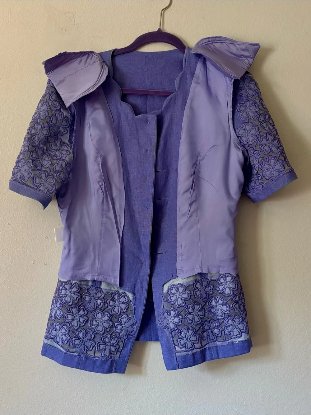 Vintage Anne French 2-Piece Skirt Suit Lavender Linen Floral Lace   8